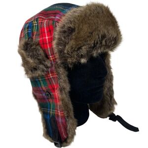 DAVID&YOUNG Red Plaid Trapper Hat Faux Fur Lined Ear Flap‎ Winter Warm Unisex OS